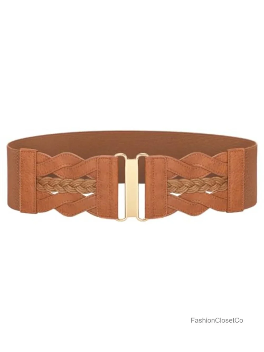 Wide Elastic Waist Belt for Women, Faux Leather with Gold Buckle, Stretchy